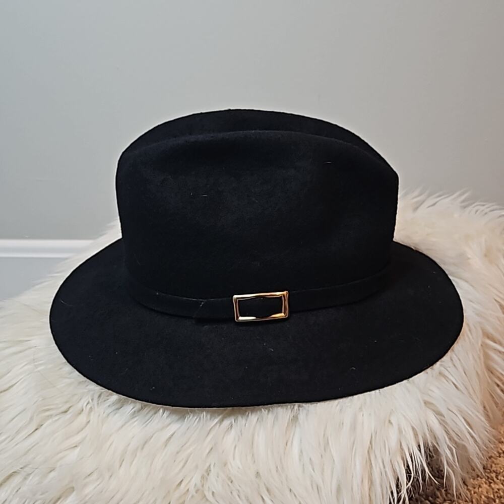 Vintage Tally Ho Black Wool Fedora Hat - Gold Buckle - Classic Pinched Crown